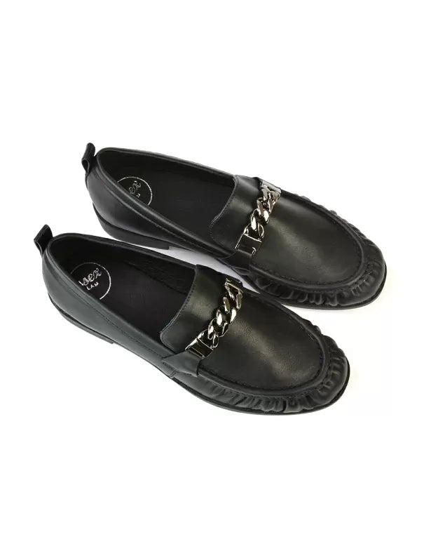 Heidi Chain Detail Ruched Loafer Back to School Shoes in Black Faux Suede