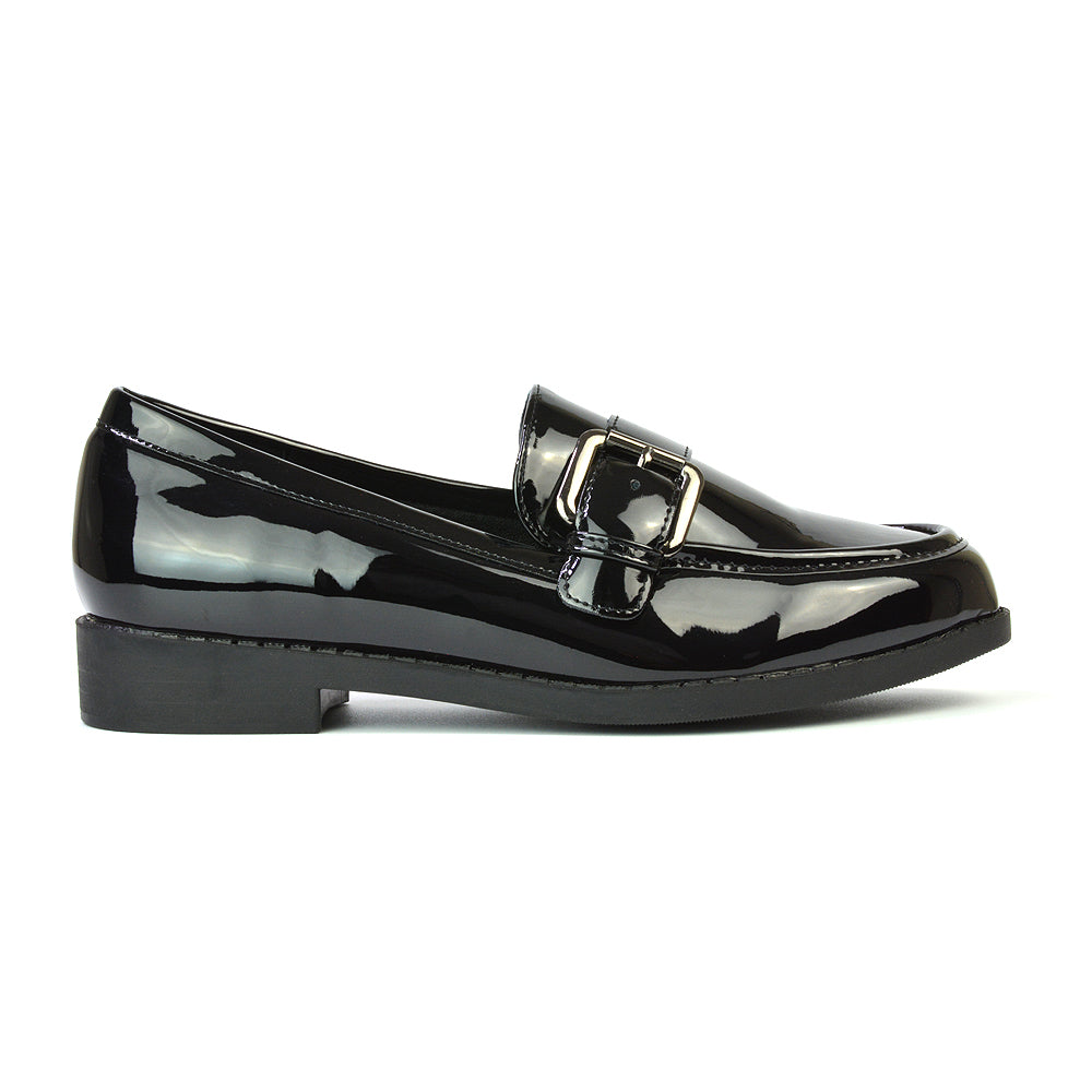 Kali Buckle Up School Shoes Loafers With Chunky Soles in Black Patent