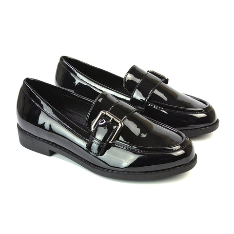 Kali Buckle Up School Shoes Loafers With Chunky Soles in Black Patent