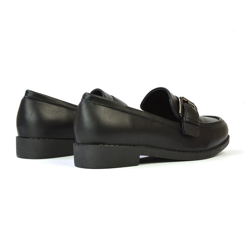 Kali Buckle Up School Shoes Loafers With Chunky Soles in Black Patent