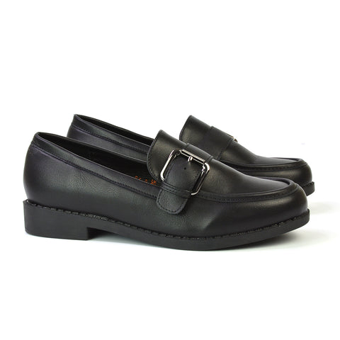 Kali Buckle Up School Shoes Loafers With Chunky Soles in Black Patent