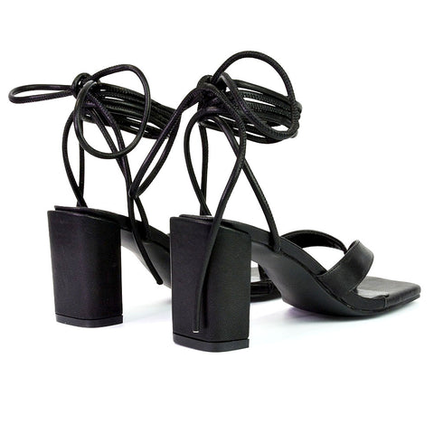 Kiko Lace Up Thong Square Toe Strappy Mid Block Heel Sandals in Silver