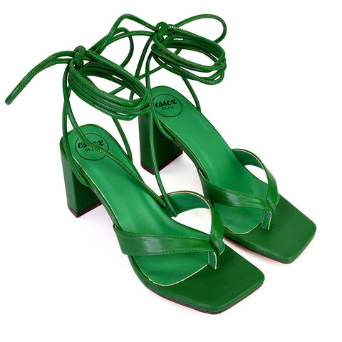 Kiko Lace Up Thong Square Toe Strappy Mid Block Heel Sandals in Green