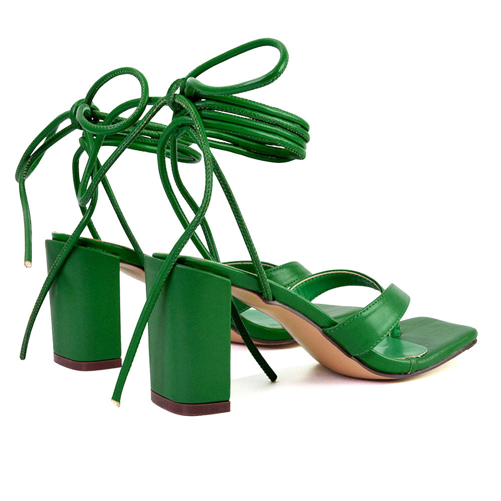 Kiko Lace Up Thong Square Toe Strappy Mid Block Heel Sandals in Green