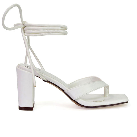 Kiko Lace Up Thong Square Toe Strappy Mid Block Heel Sandals in Silver