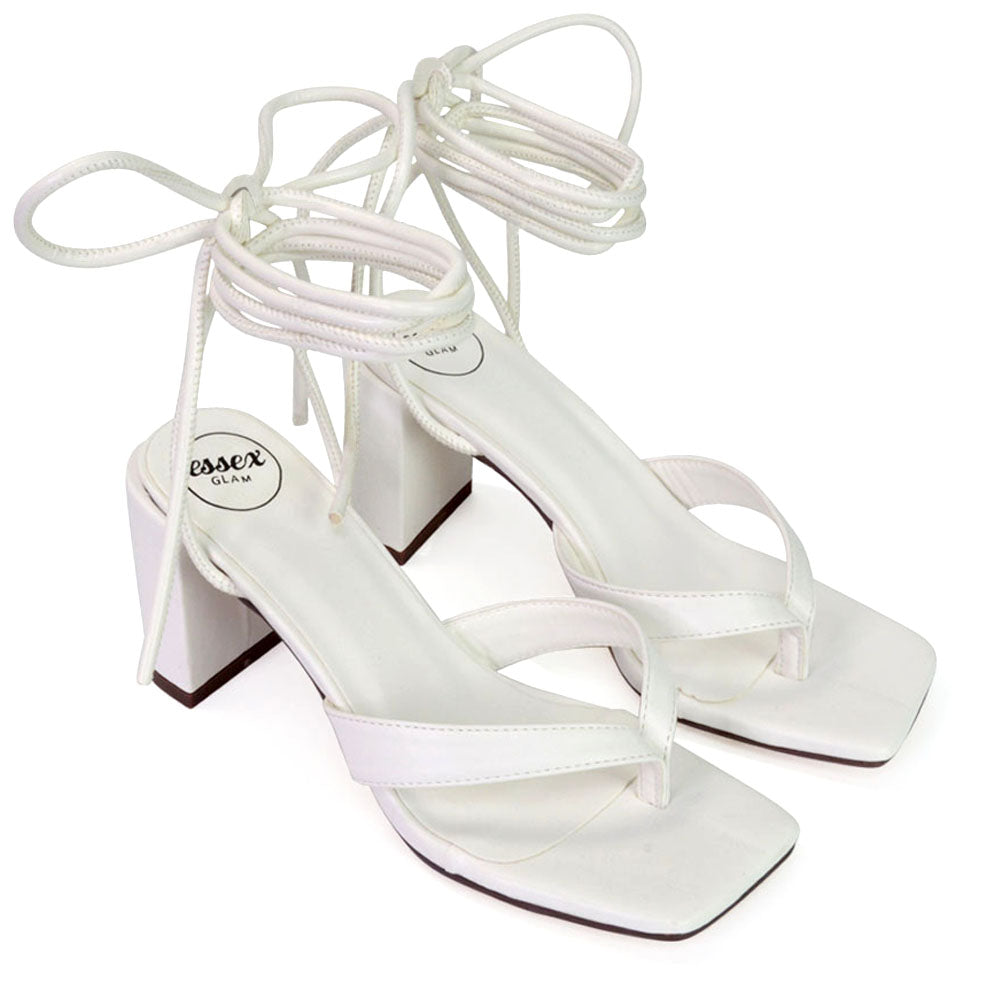 Kiko Lace Up Thong Square Toe Strappy Mid Block Heel Sandals in White