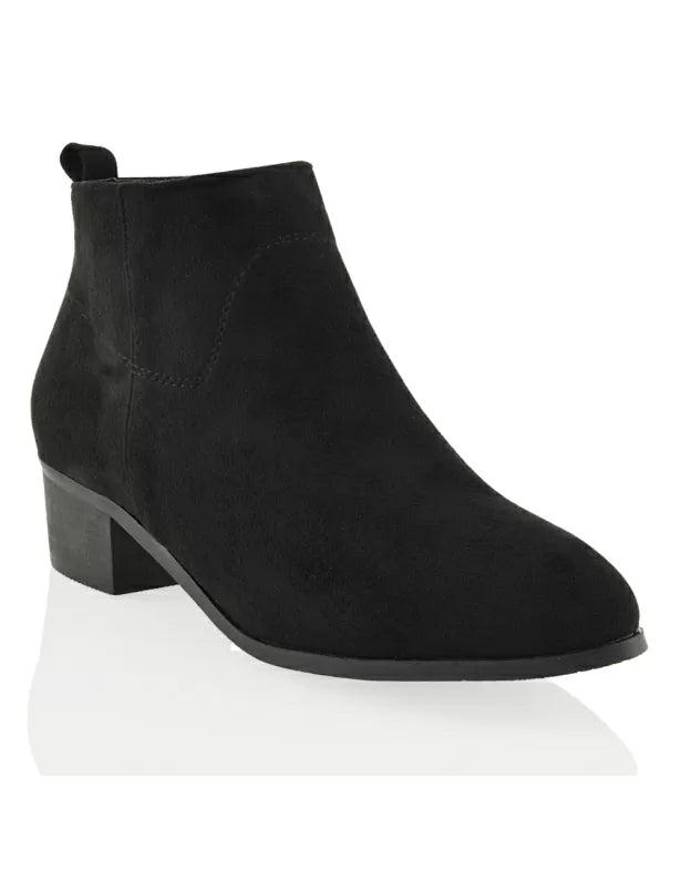 Melodie Faux Suede Zip Up Cowboy Ankle Boots With Low Block Heel in Black