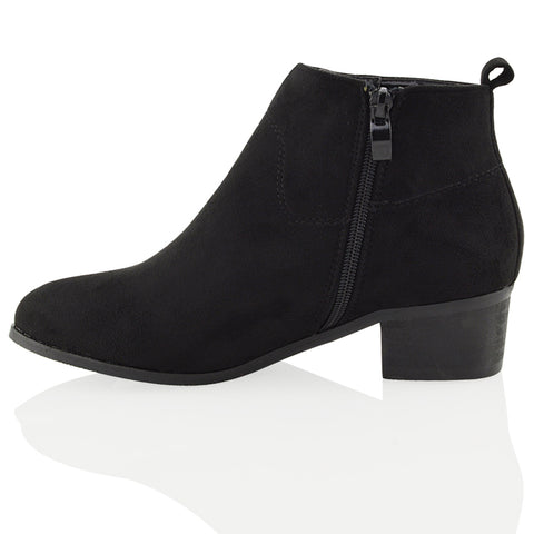 Melodie Faux Suede Zip Up Cowboy Ankle Boots With Low Block Heel in Black