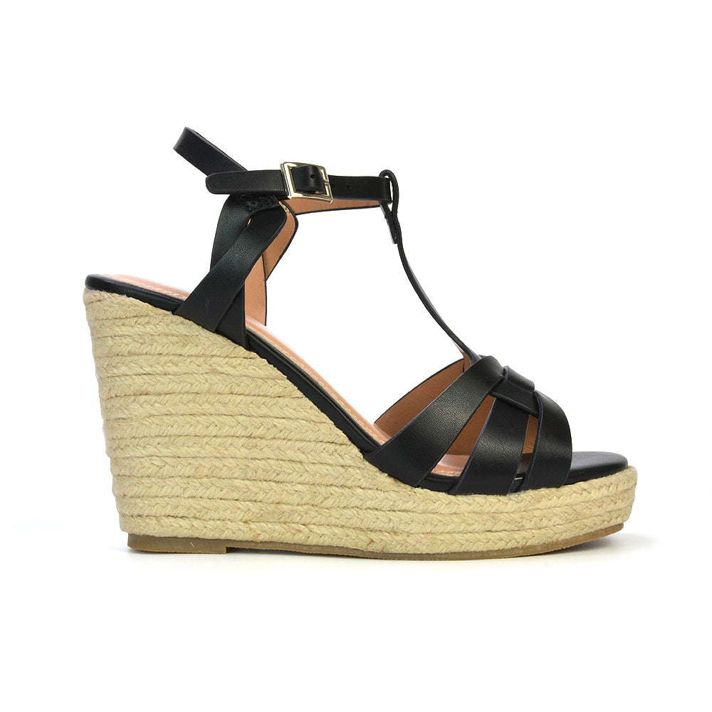 Elora Strappy Platform Wedge Sandals High Heels in Black Synthetic Leather