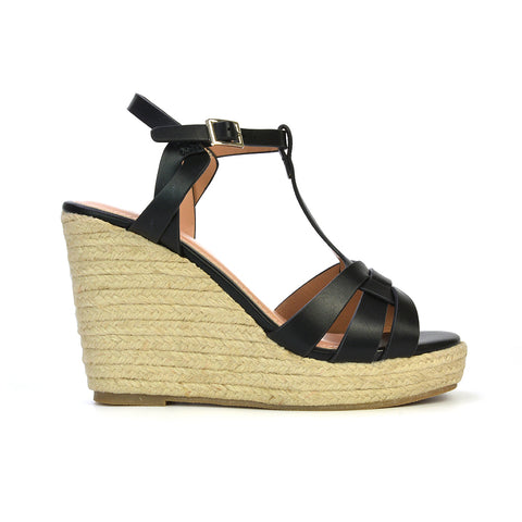 Elora Strappy Platform Wedge Sandals High Heels in Nude Synthetic Leather