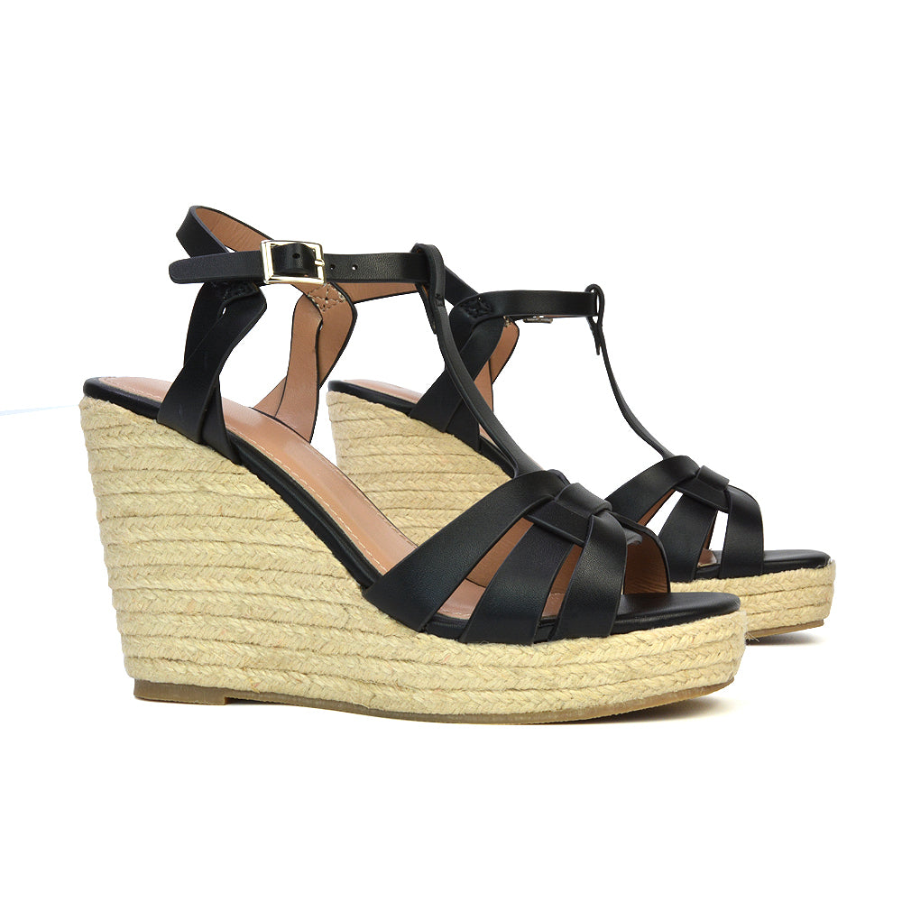 Elora Strappy Platform Wedge Sandals High Heels in Nude Synthetic Leather