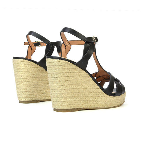 Elora Strappy Platform Wedge Sandals High Heels in Black Synthetic Leather