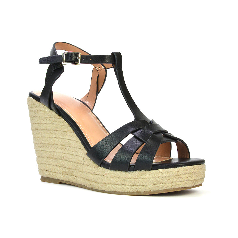 Elora Strappy Platform Wedge Sandals High Heels in Black Synthetic Leather