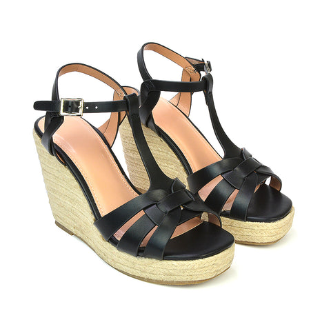 Elora Strappy Platform Wedge Sandals High Heels in Black Synthetic Leather