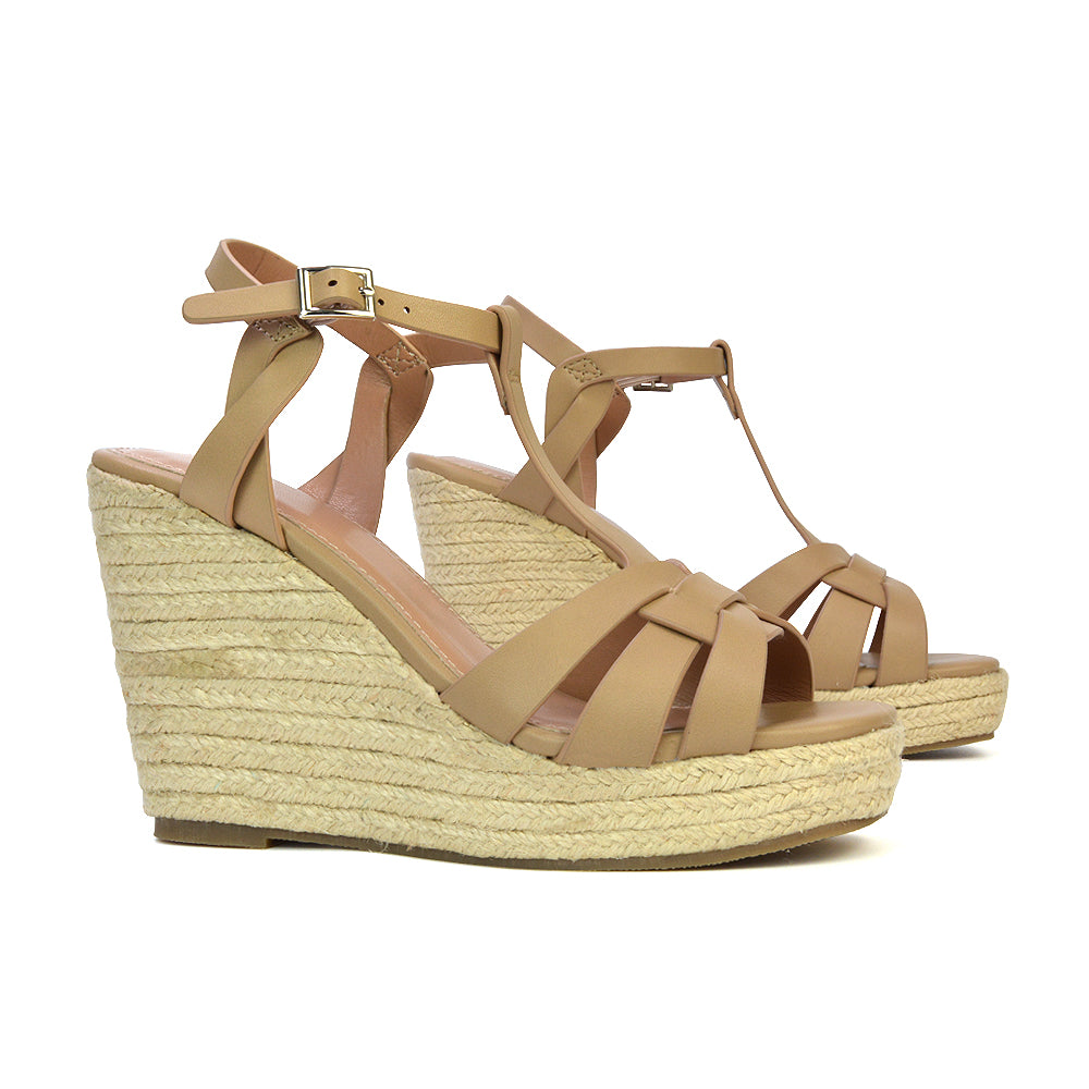 Nude platform wedge heels