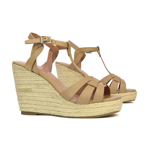 Elora Strappy Platform Wedge Sandals High Heels in Nude Synthetic Leather