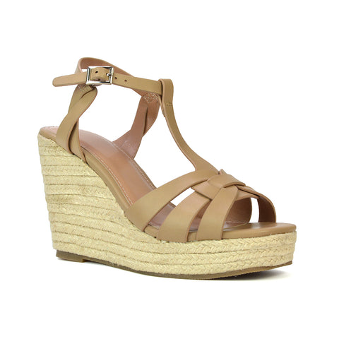 Elora Strappy Platform Wedge Sandals High Heels in Nude Synthetic Leather