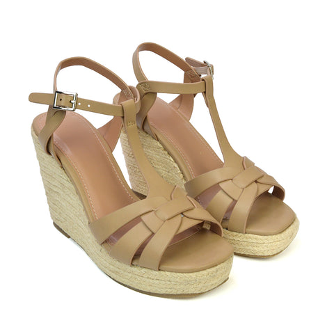 Elora Strappy Platform Wedge Sandals High Heels in Nude Synthetic Leather