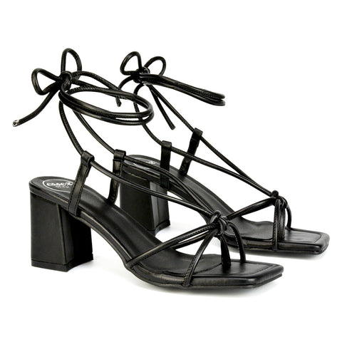 Mackenzie Square Toe Post Lace up Mid Block High Heel Sandals in Black