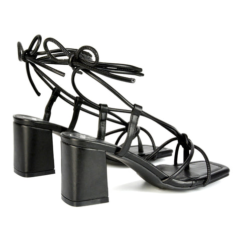 Mackenzie Square Toe Post Lace up Mid Block High Heel Sandals in Black