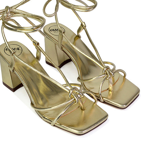 Mackenzie Square Toe Post Lace up Mid Block High Heel Sandals in Gold