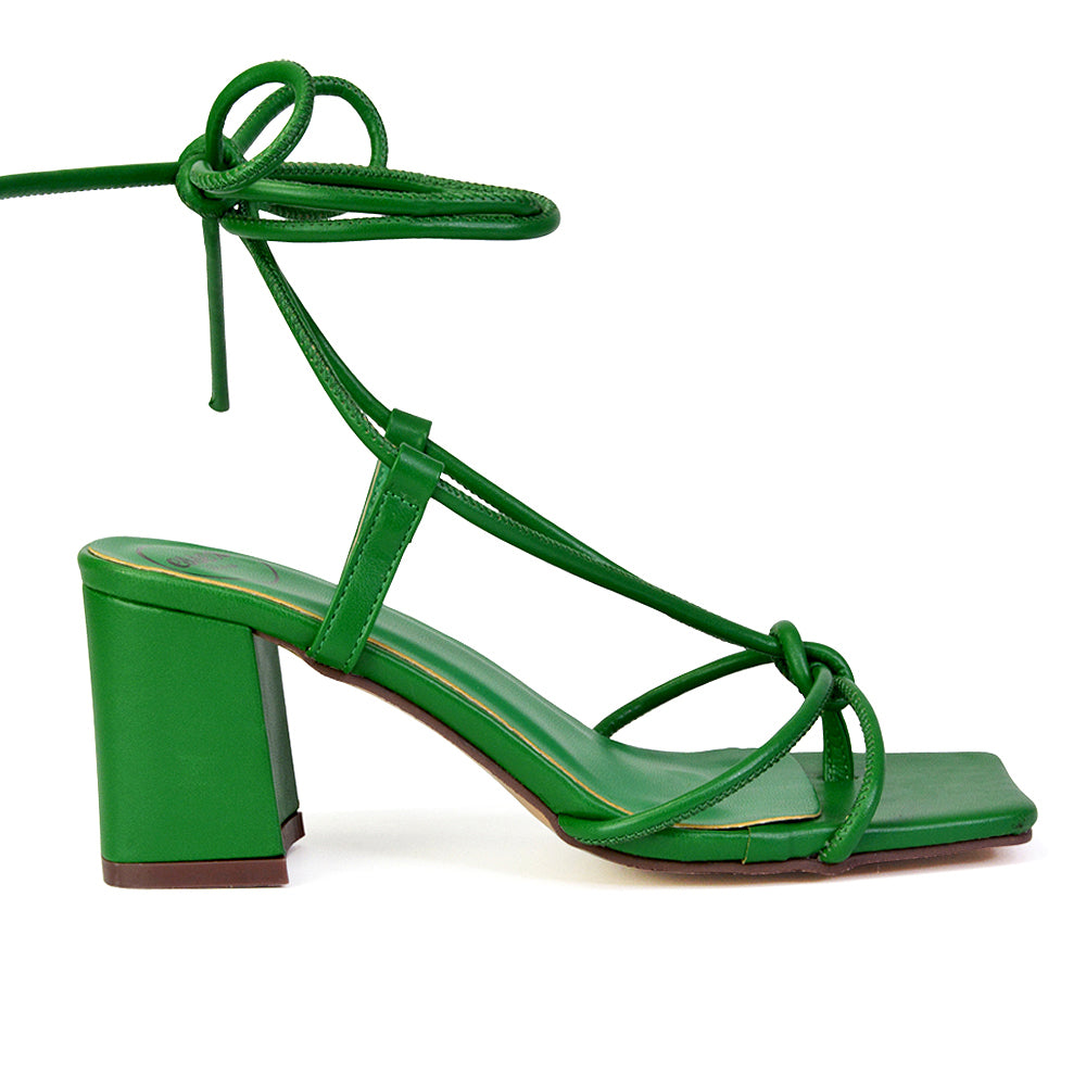 Mackenzie Square Toe Post Lace up Mid Block High Heel Sandals in Green