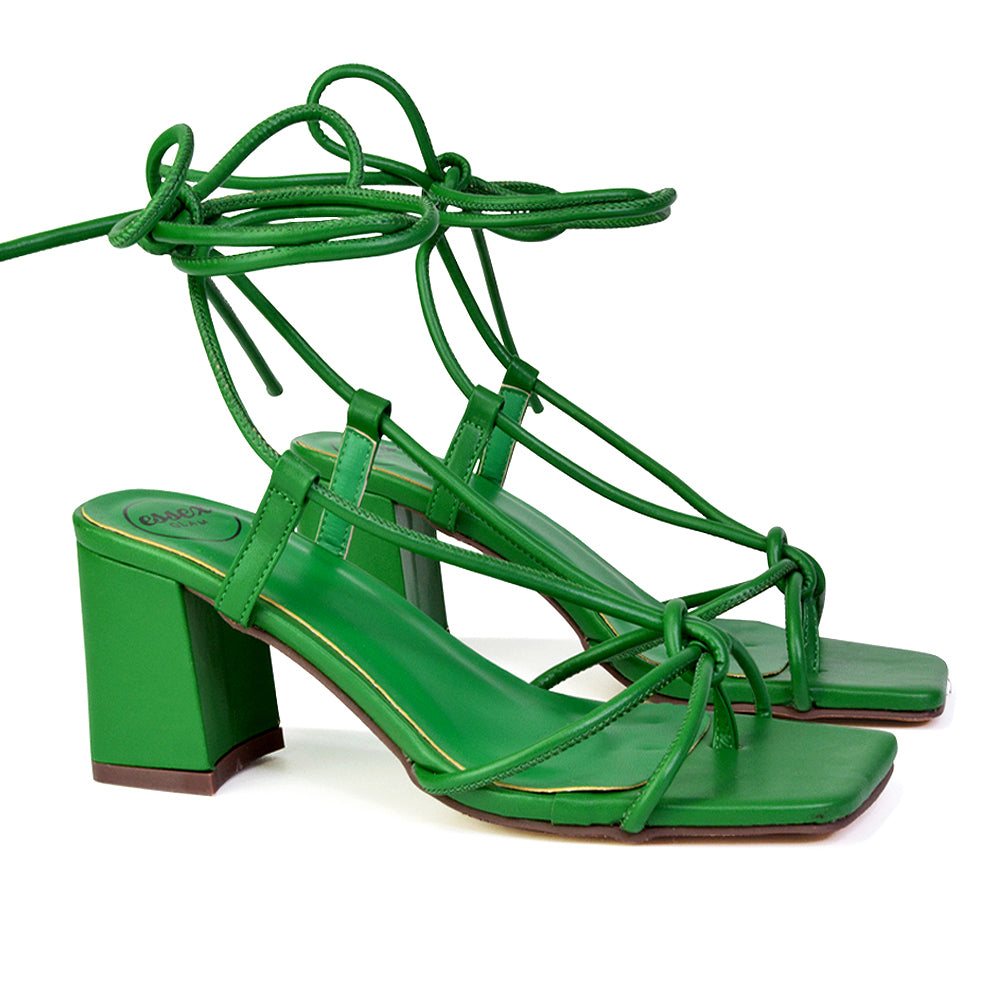 Mackenzie Square Toe Post Lace up Mid Block High Heel Sandals in Green