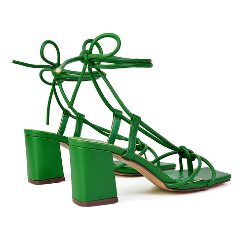 Mackenzie Square Toe Post Lace up Mid Block High Heel Sandals in Green