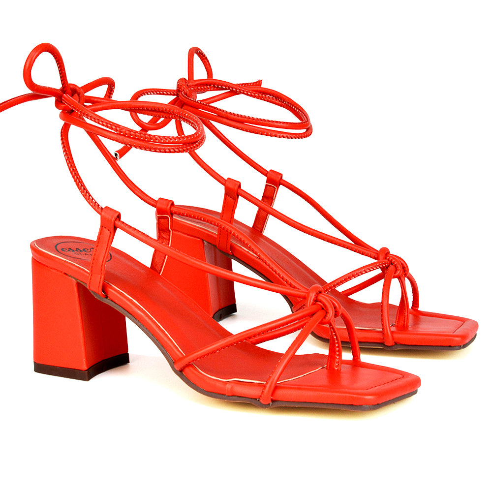 Mackenzie Square Toe Post Lace up Mid Block High Heel Sandals in Red