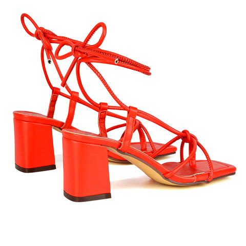 Mackenzie Square Toe Post Lace up Mid Block High Heel Sandals in Red
