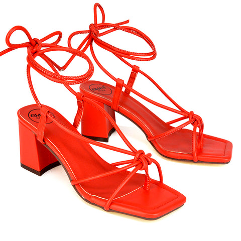 Mackenzie Square Toe Post Lace up Mid Block High Heel Sandals in Red