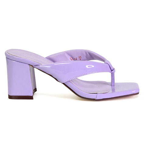 Lylia Square Toe Toe Post Thong Mid Block Heel Sandal Mules in Lilac