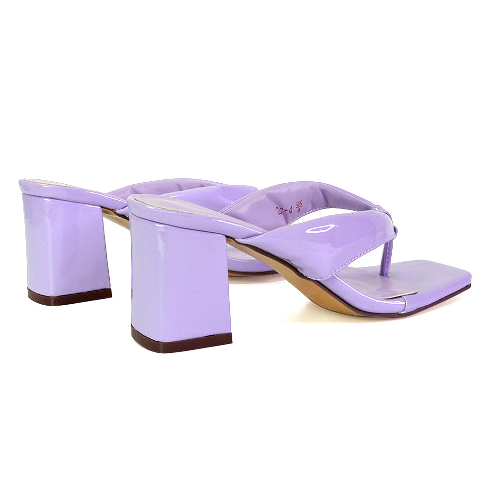 Lylia Square Toe Toe Post Thong Mid Block Heel Sandal Mules in Pink