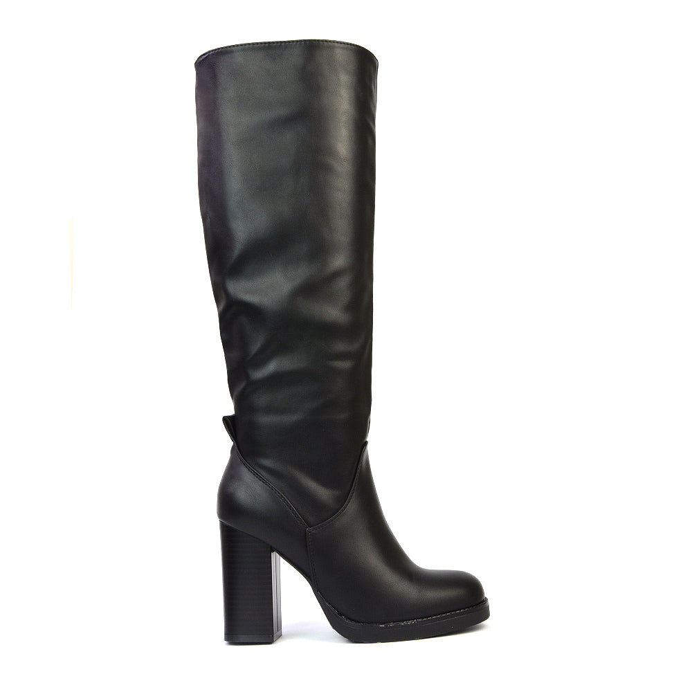 Dustin Wide Fit Block High Heel Platform Knee High Boots in Black Synthetic Leather