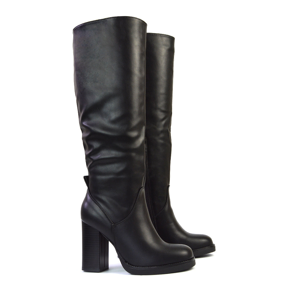 Dustin Wide Fit Block High Heel Platform Knee High Boots in Black Synthetic Leather