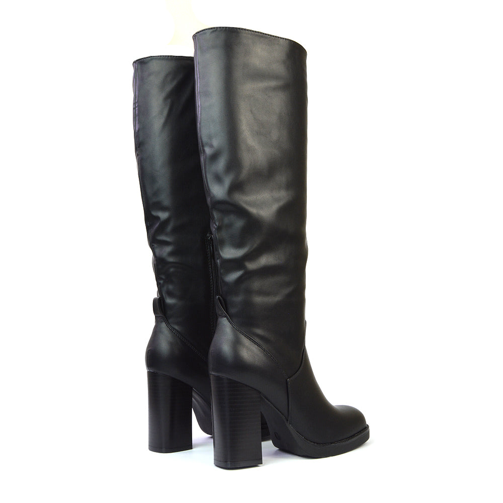 Dustin Wide Fit Block High Heel Platform Knee High Boots in Black Synthetic Leather