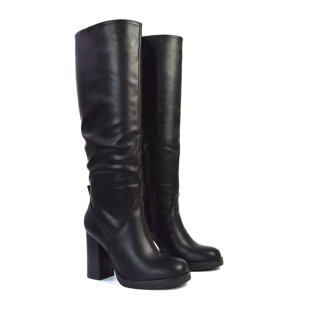 Dustin Wide Fit Block High Heel Platform Knee High Boots in Black Synthetic Leather