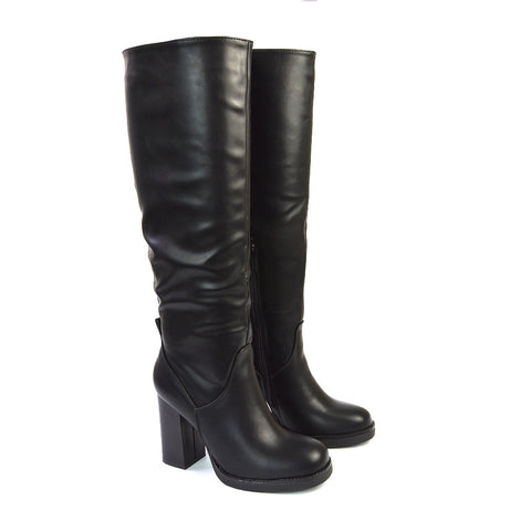 Dustin Wide Fit Block High Heel Platform Knee High Boots in Black Synthetic Leather