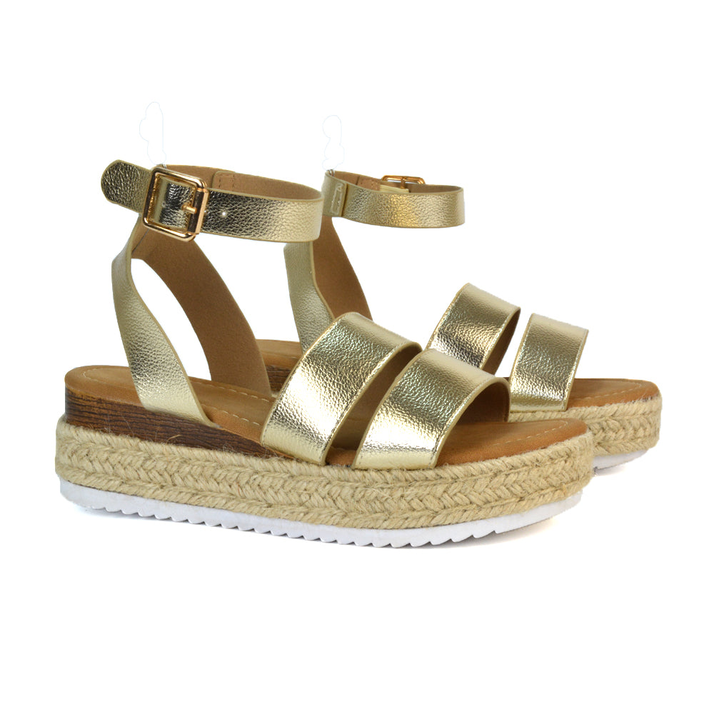 Lyds Flatform Strappy Summer Platform Flat Sandals in Gold