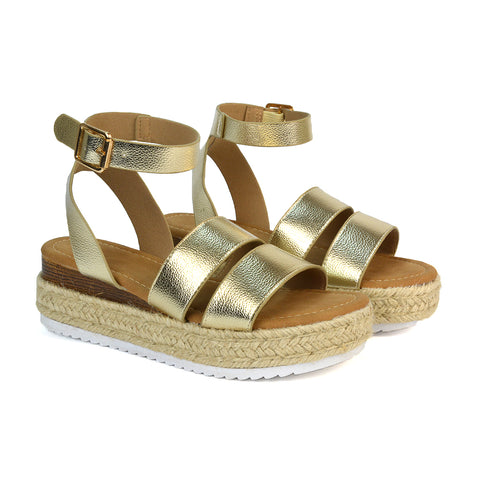 Lyds Flatform Strappy Summer Platform Flat Sandals in Gold