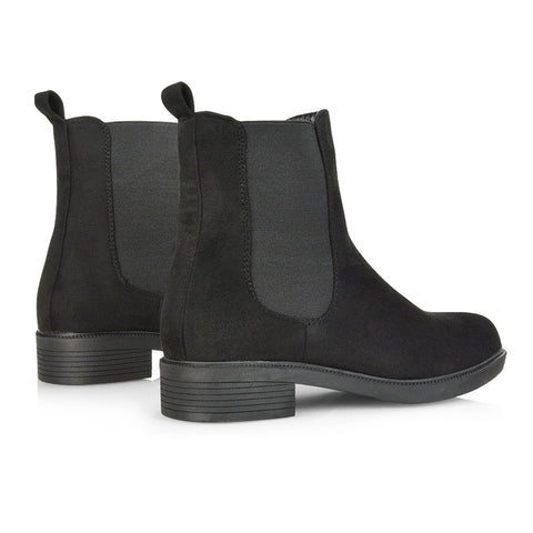 Rachel Round Toe Slip on Low Block Heel Flat Ankle Chelsea Boots in Black Faux Suede