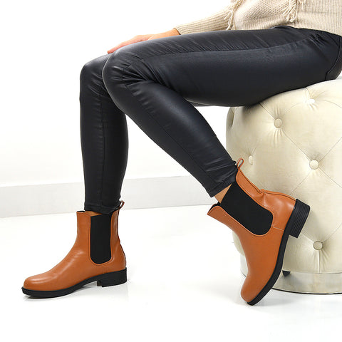 Rachel Round Toe Slip on Low Block Heel Flat Ankle Chelsea Boots in Tan Synthetic Leather