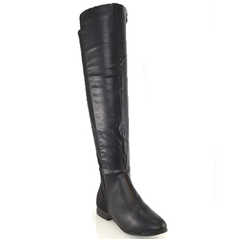 LEGS-ELEVEN FLAT ELASTICATED BACK PANELS OVER THE KNEE BOOTS IN BLACK PU
