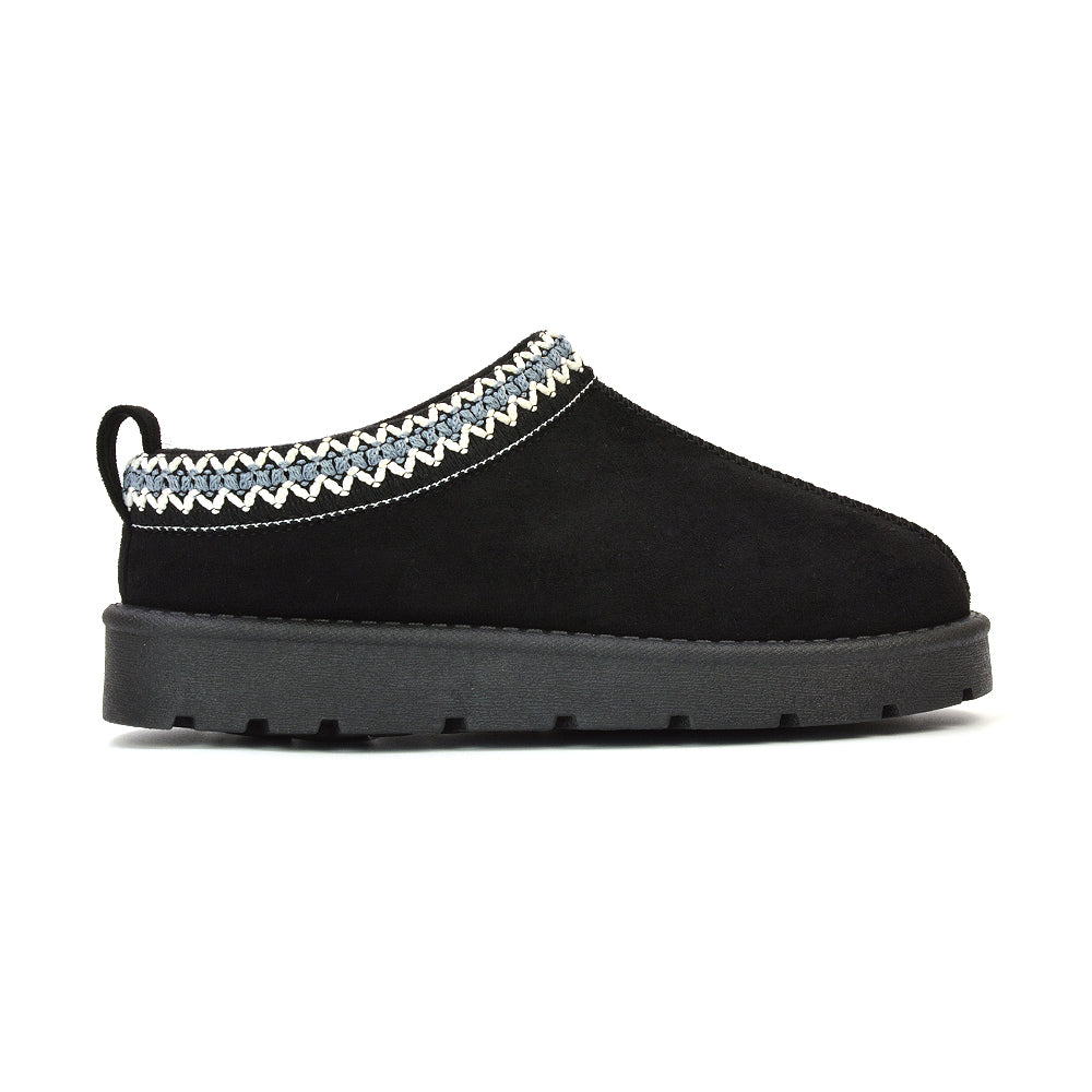 Zoe Aztec Faux Fur Slip On Winter Micro Slippers In Black