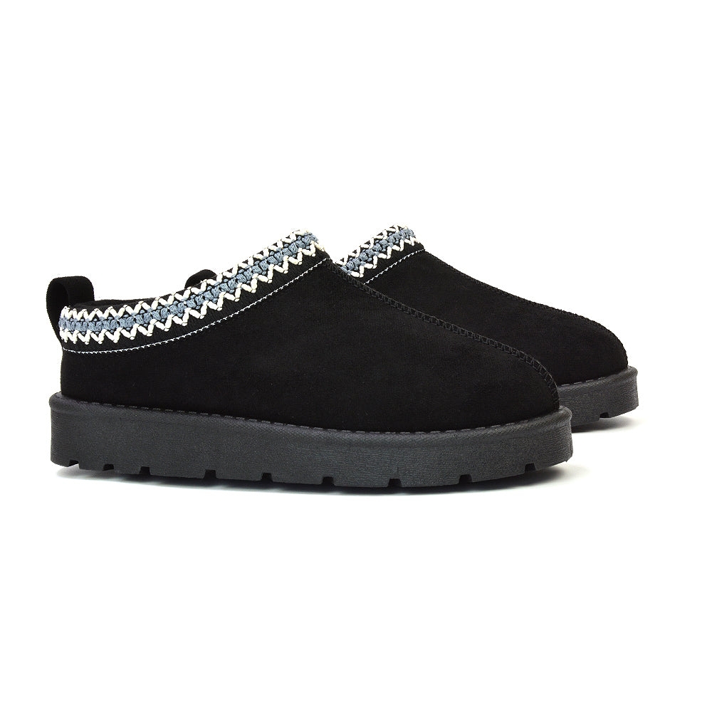 Zoe Aztec Faux Fur Slip On Winter Micro Slippers In Black