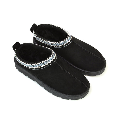 Zoe Aztec Faux Fur Slip On Winter Micro Slippers In Black