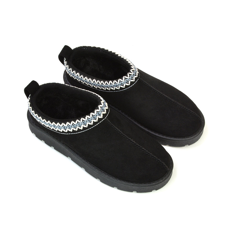 Zoe Aztec Faux Fur Slip On Winter Micro Slippers In Mushroom