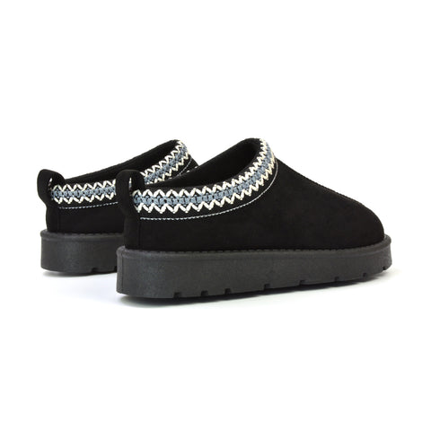 Zoe Aztec Faux Fur Slip On Winter Micro Slippers In Black