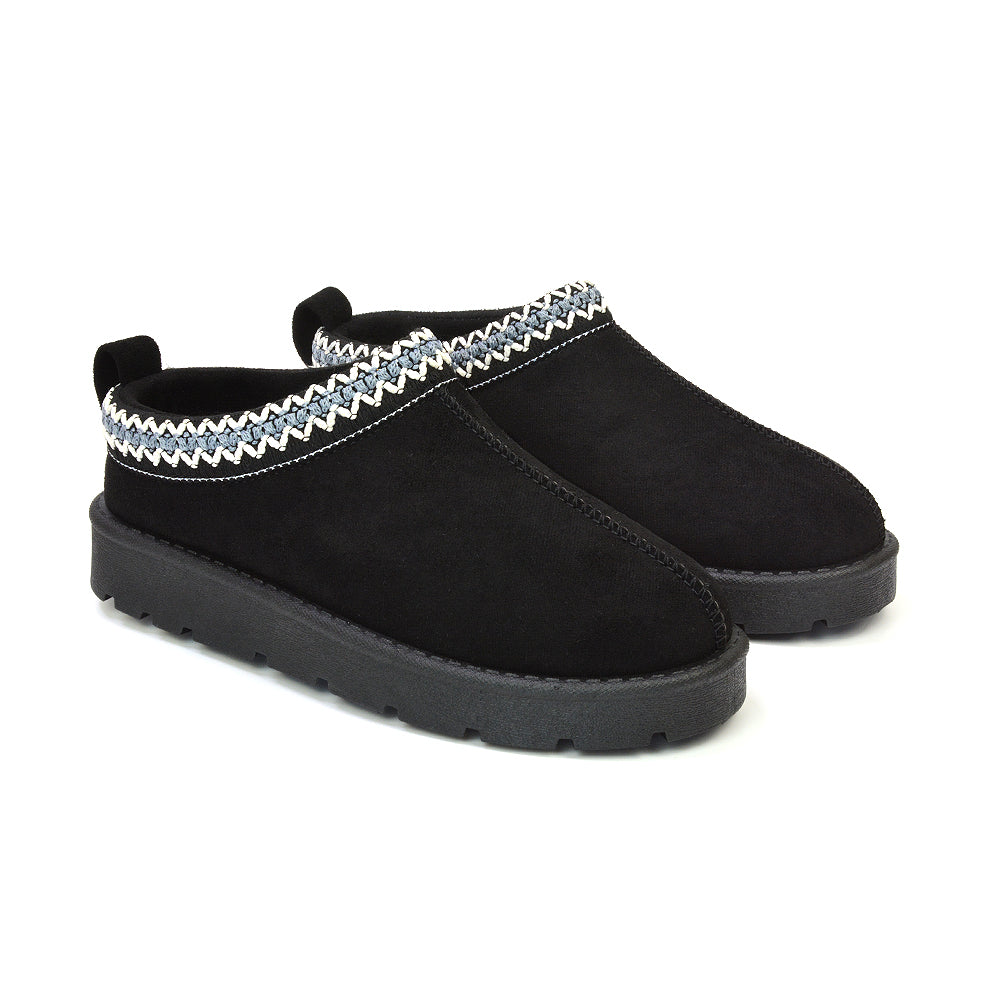 Zoe Aztec Faux Fur Slip On Winter Micro Slippers In Black