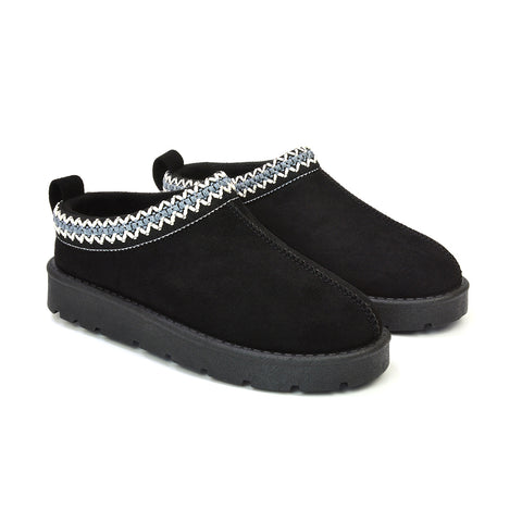 Zoe Aztec Faux Fur Slip On Winter Micro Slippers In Black